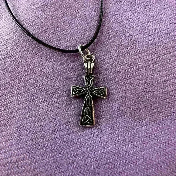 Sterling Silver Small Celtic Cross on Thin Black Rope - Picture 1 of 3